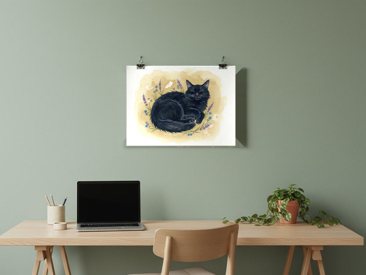 Black - Norwegian Forest Cat watercolour print hung with clips in a home office