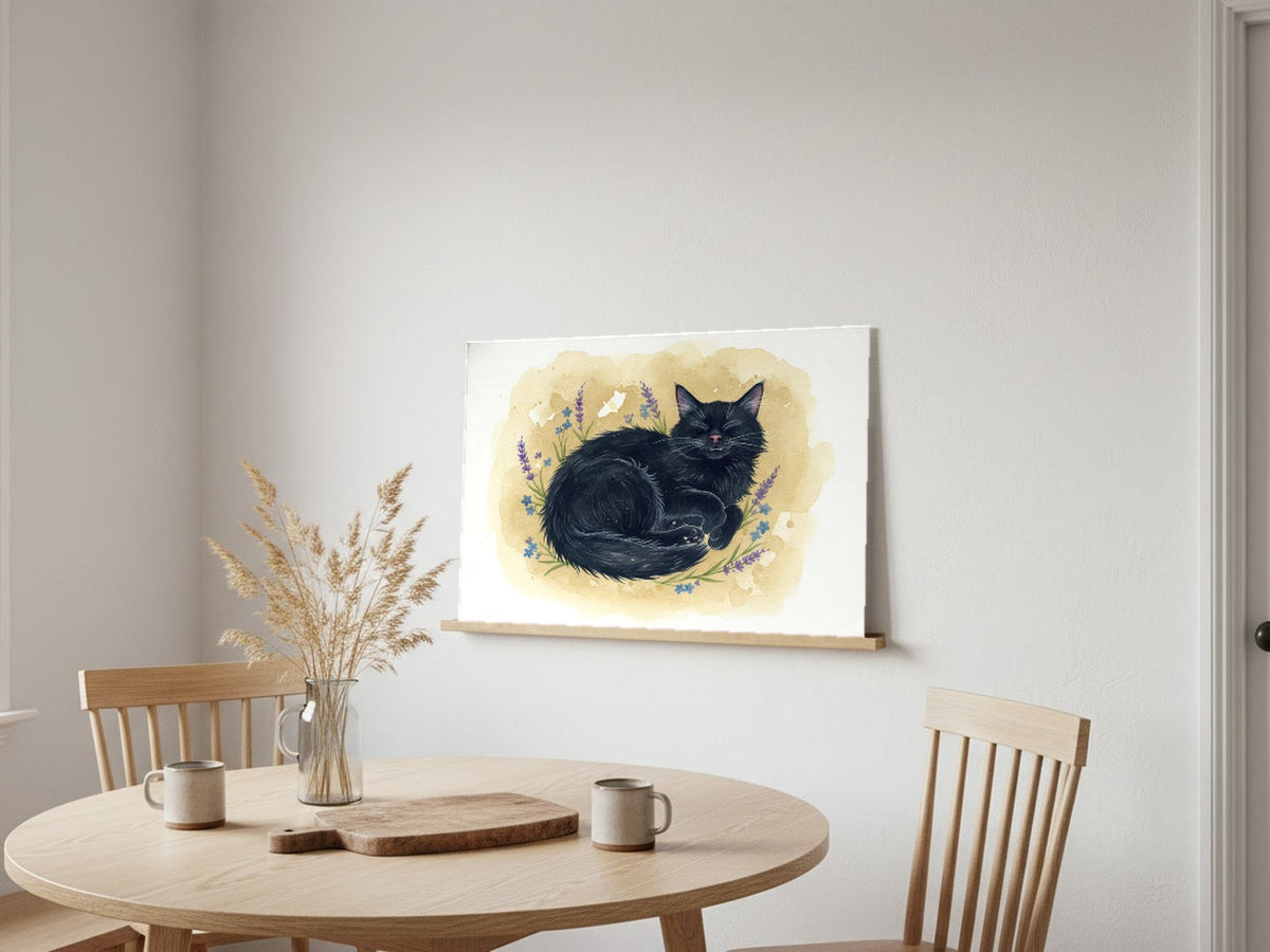 Black - Norwegian Forest Cat watercolour print leaning in a kitchen nook