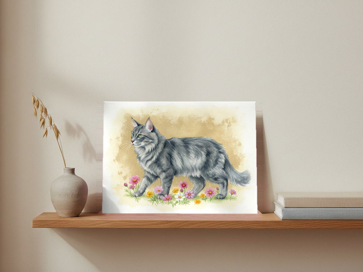 Silver Tabby - Norwegian Forest Cat watercolour print leaning on a picture ledge
