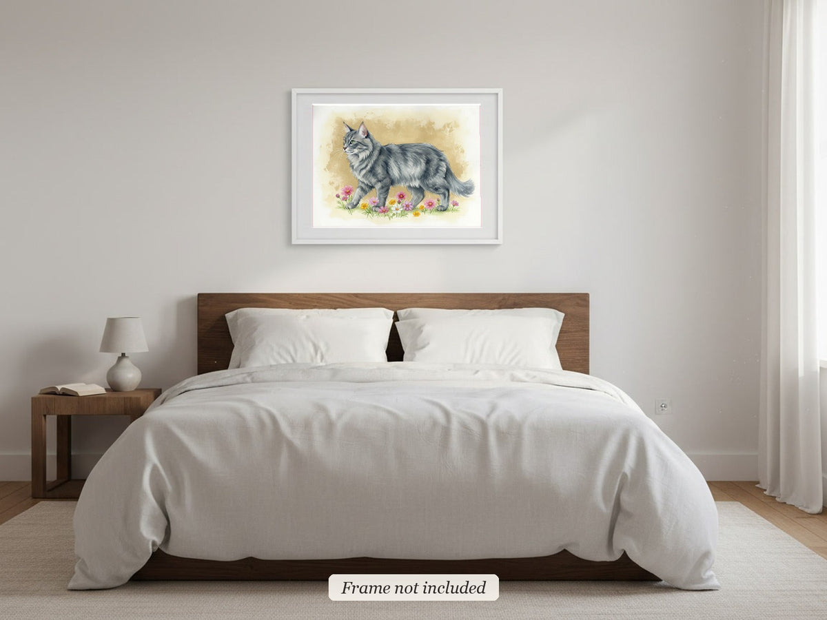 Silver Tabby - Norwegian Forest Cat watercolour print in a slim white frame (frame not included) in a bedroom