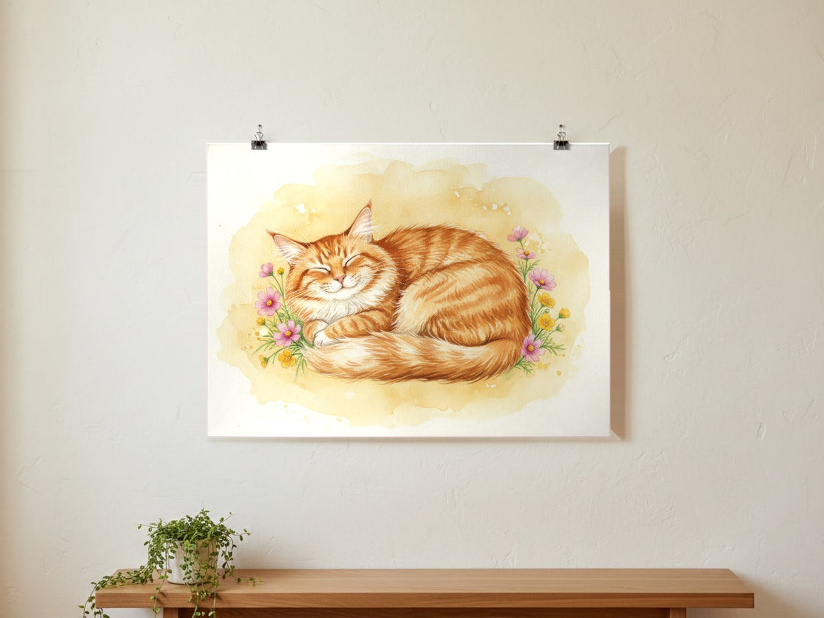 Red Tabby - Norwegian Forest Cat watercolour print hung with clips on a gallery wall