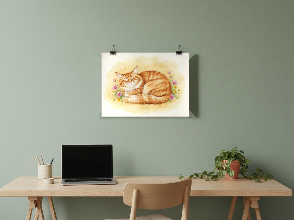 Red Tabby - Norwegian Forest Cat watercolour print hung with clips in a home office