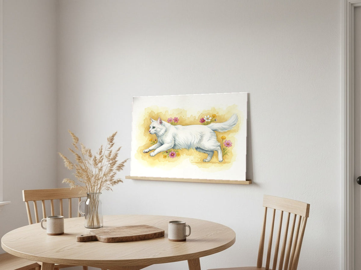 White - Norwegian Forest Cat watercolour print leaning in a kitchen nook