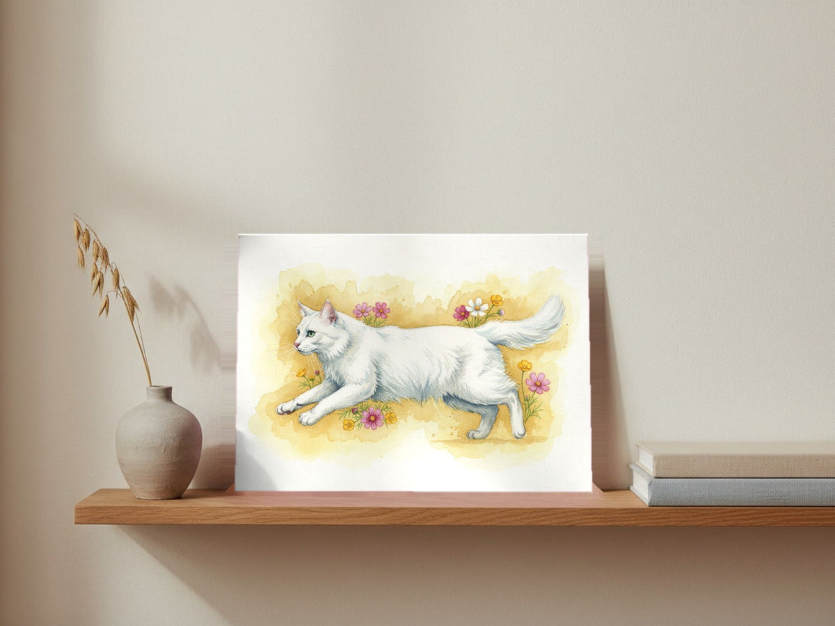 White - Norwegian Forest Cat watercolour print leaning on a picture ledge