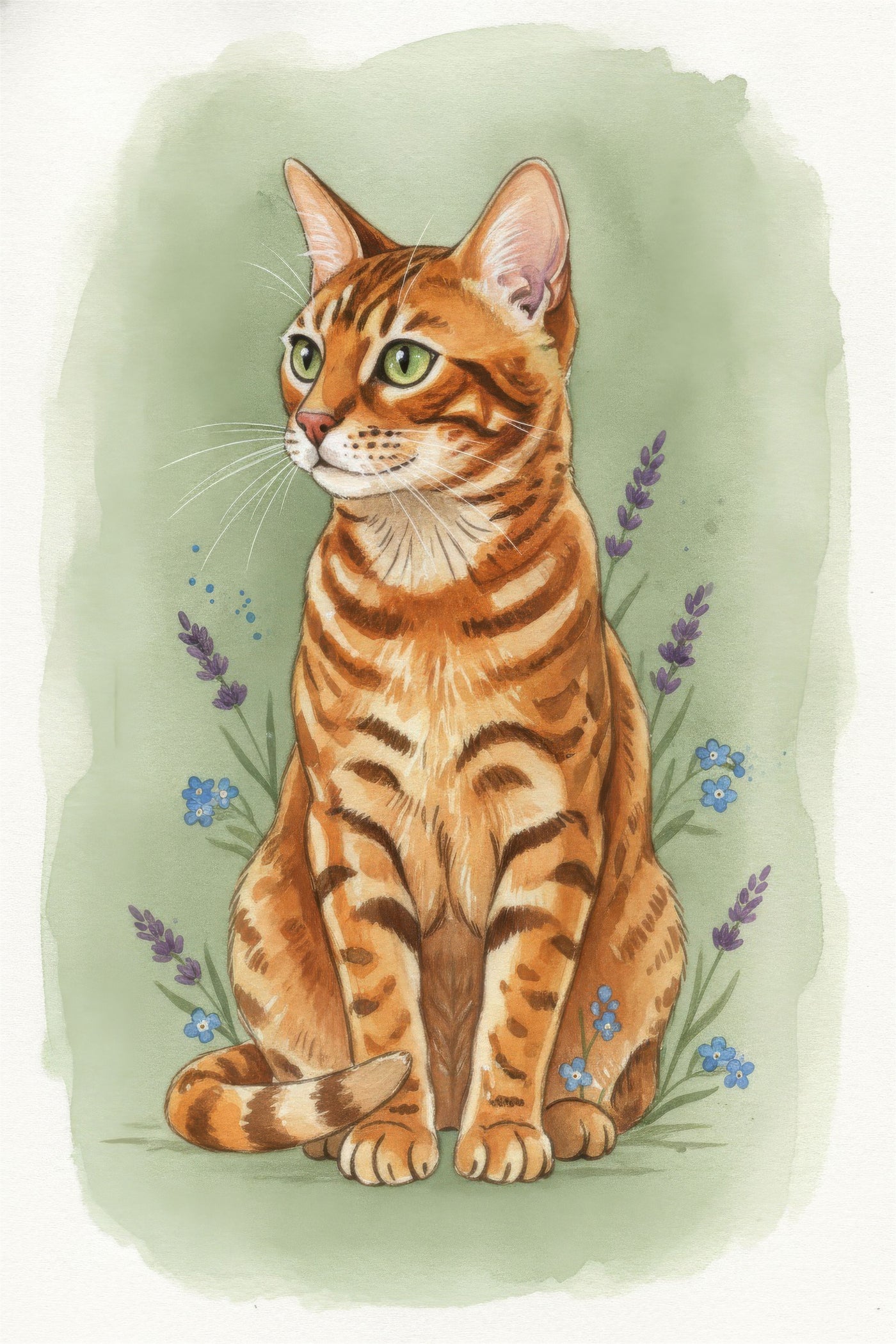 Watercolour portrait of an orange-coated Bengal Cat