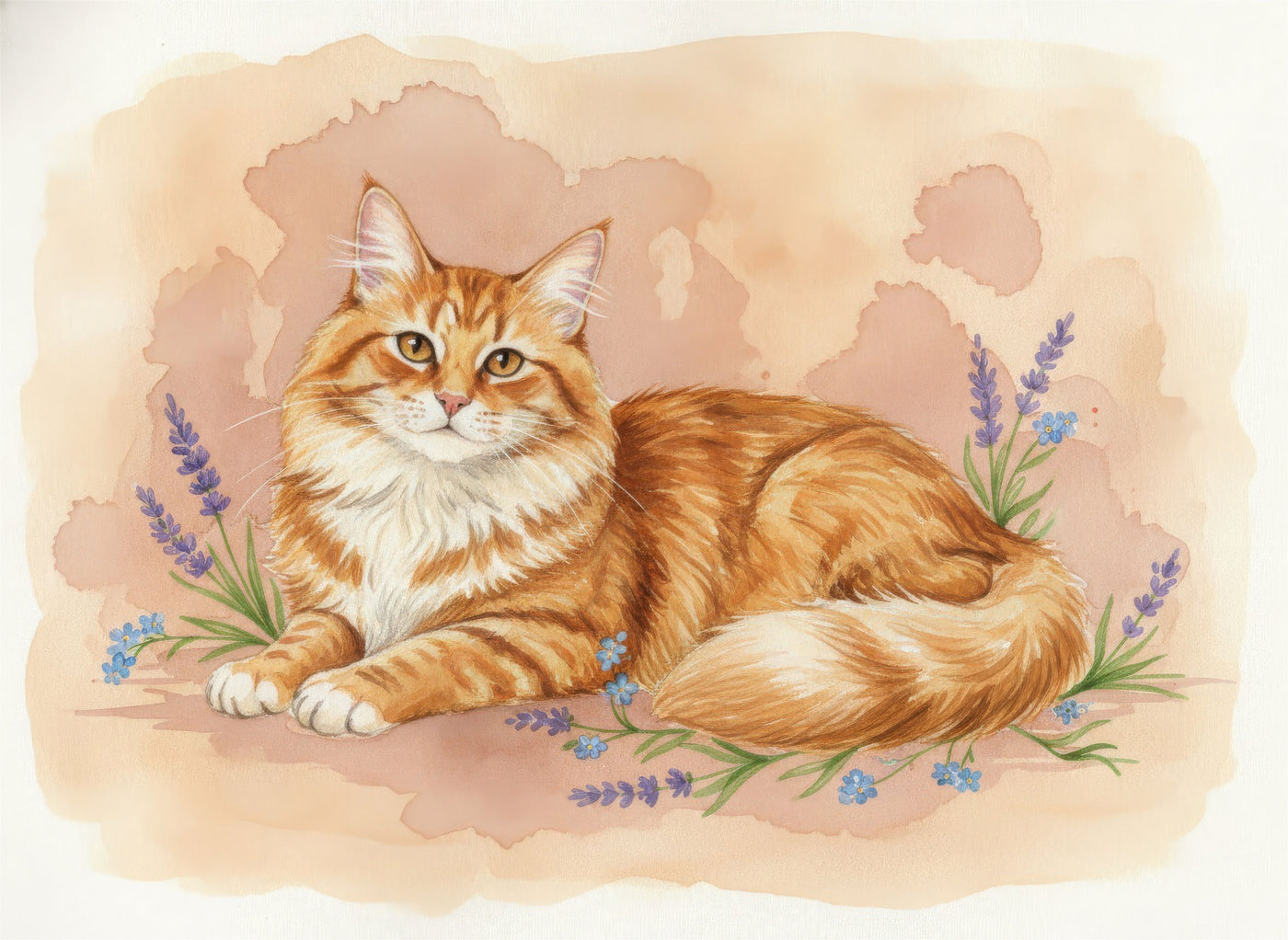 Watercolour portrait of an orange-coated Siberian Cat
