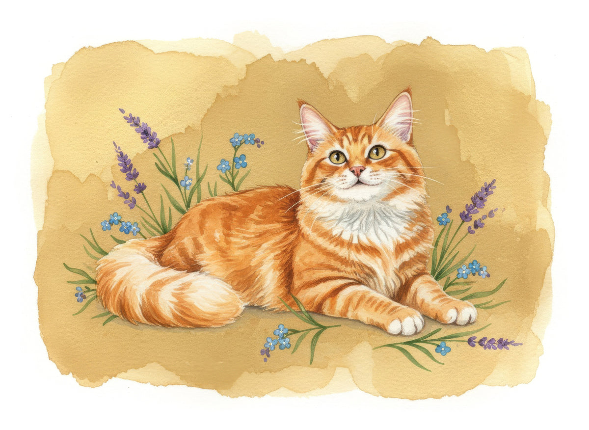 Watercolour portrait of a red tabby Turkish Angora Cat