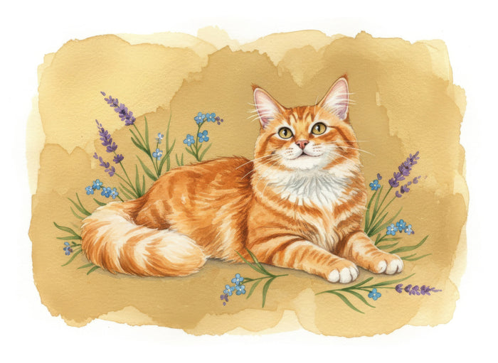 Watercolour portrait of a red tabby Turkish Angora Cat