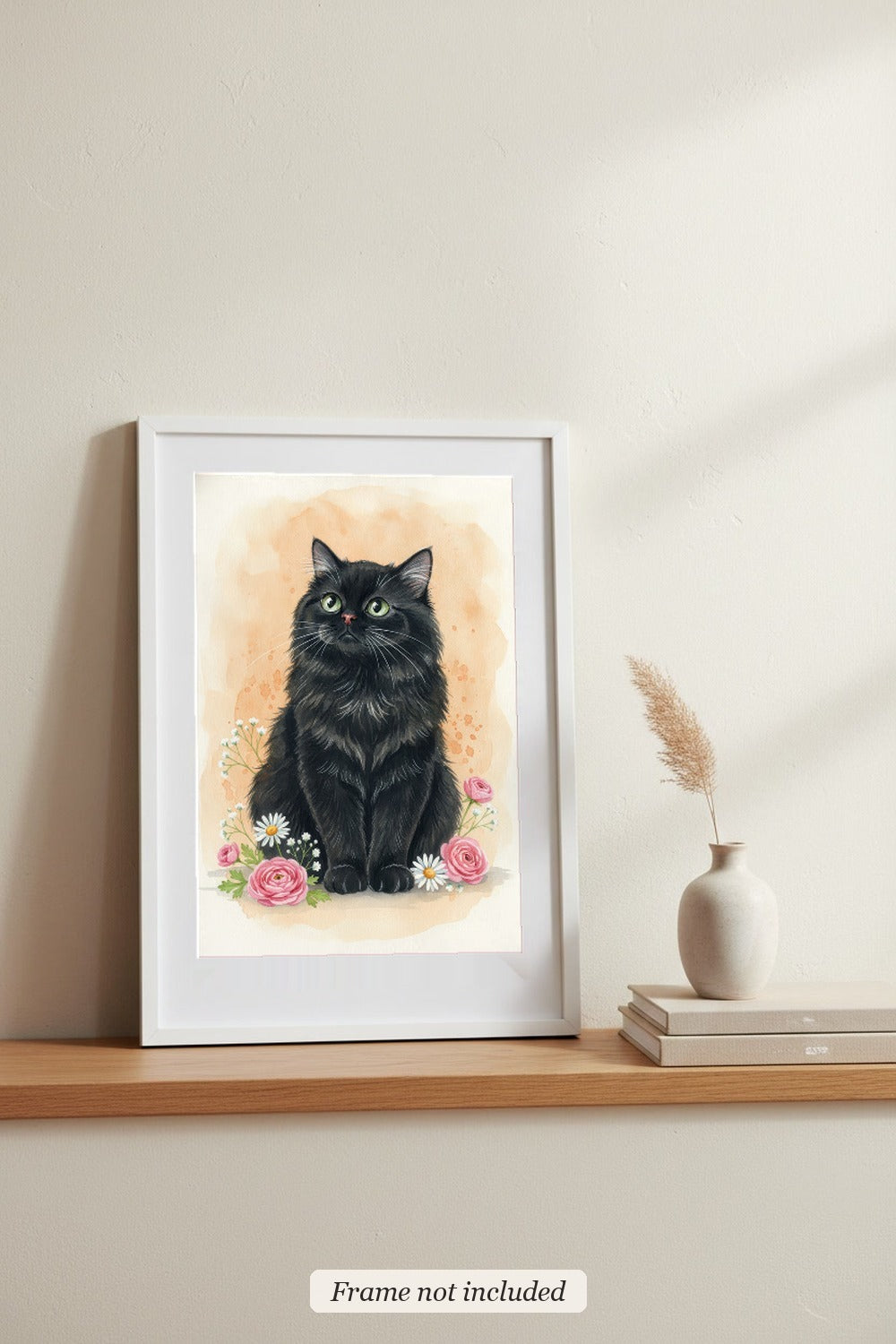 Black - Persian Cat watercolour print in a slim white frame (frame not included), leaning on a picture ledge