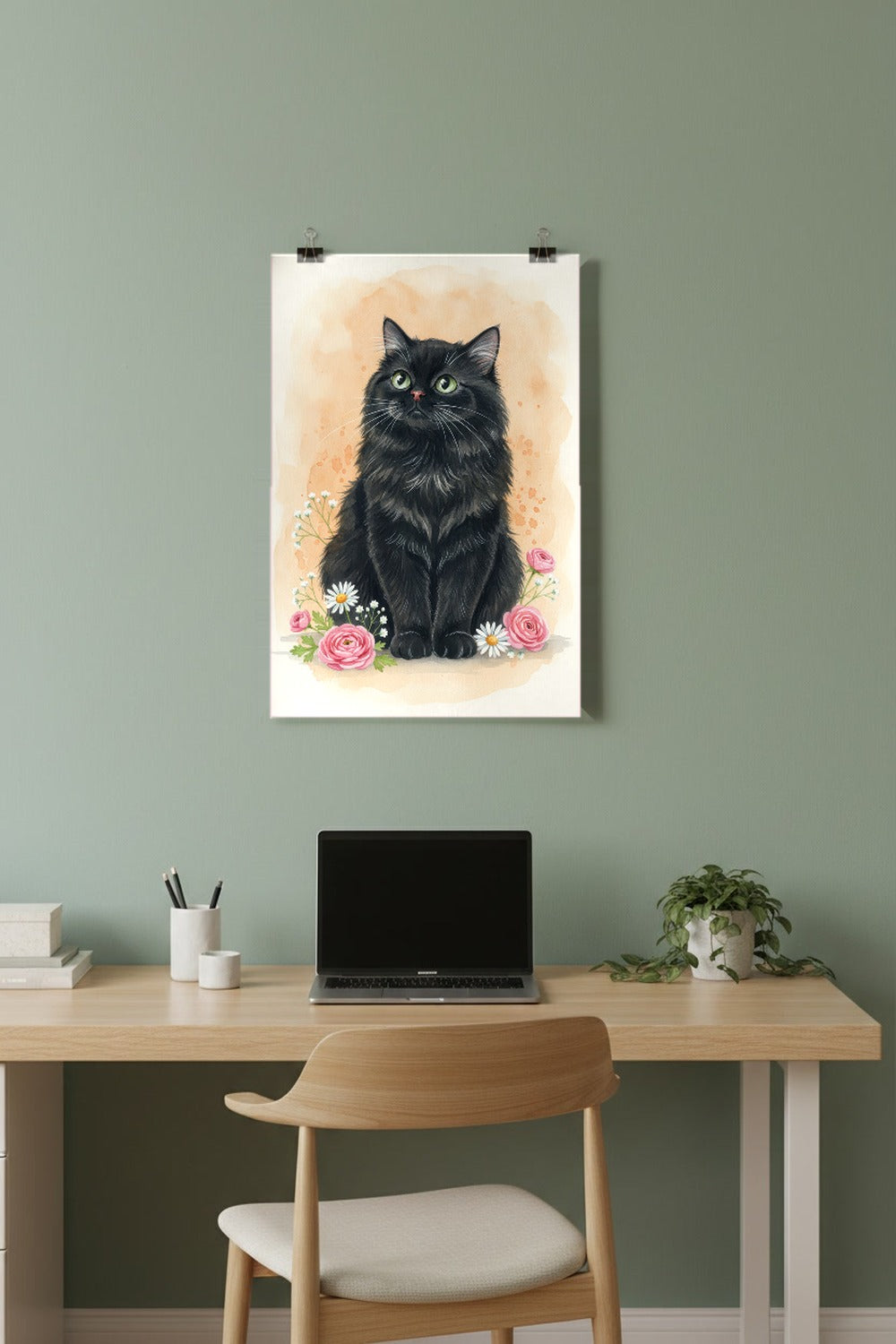 Black - Persian Cat watercolour print hung with clips in a home office