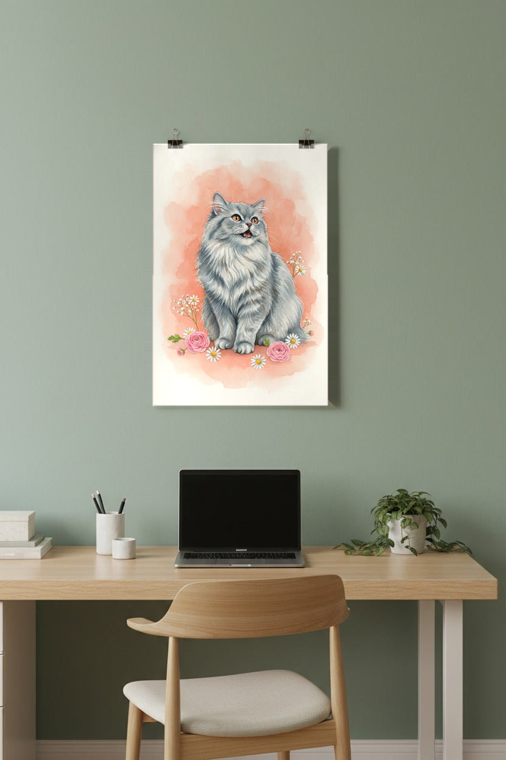 Blue - Persian Cat watercolour print hung with clips in a home office