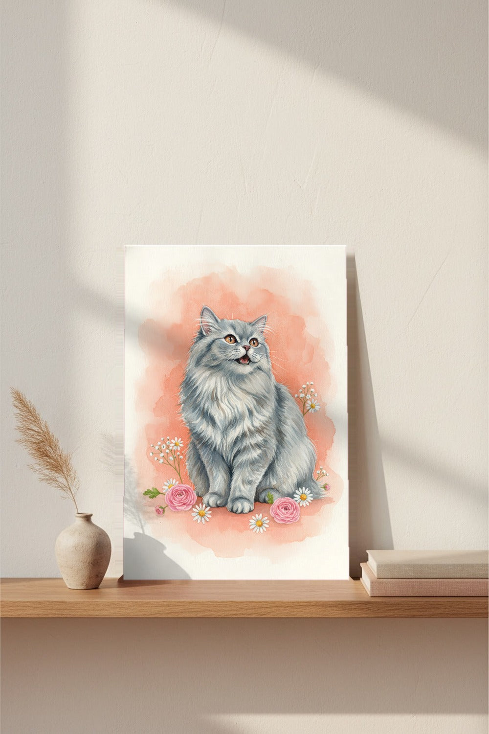 Blue - Persian Cat watercolour print leaning on a picture ledge