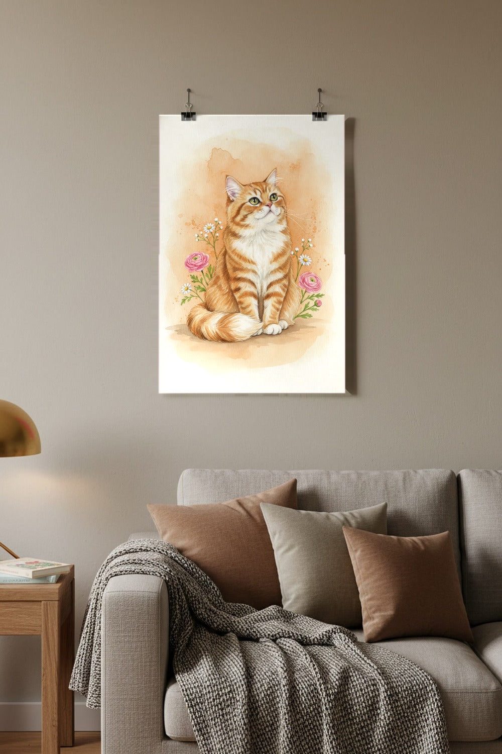 Red Tabby - Persian Cat watercolour print hung with clips in a family living room