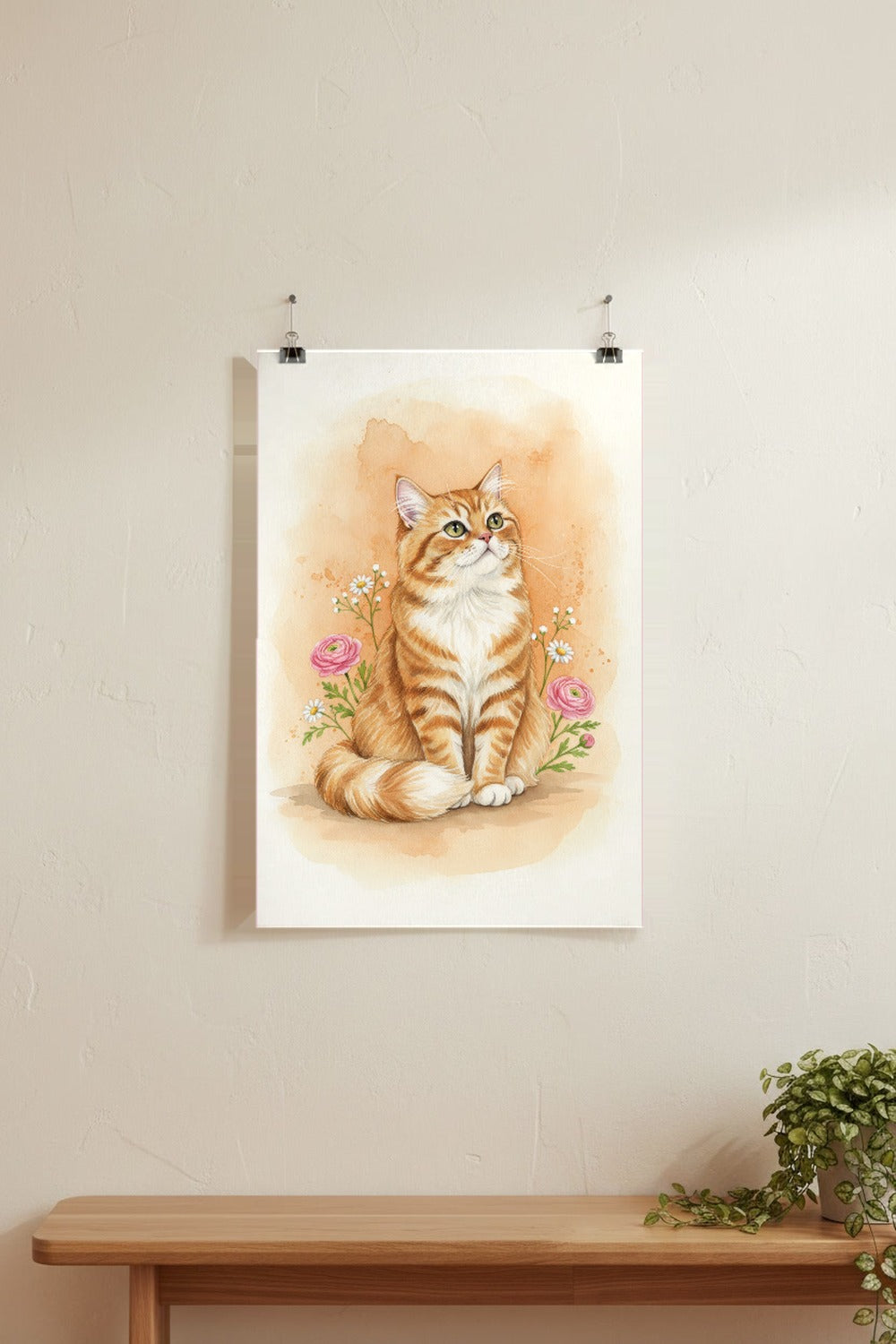 Red Tabby - Persian Cat watercolour print hung with clips on a gallery wall