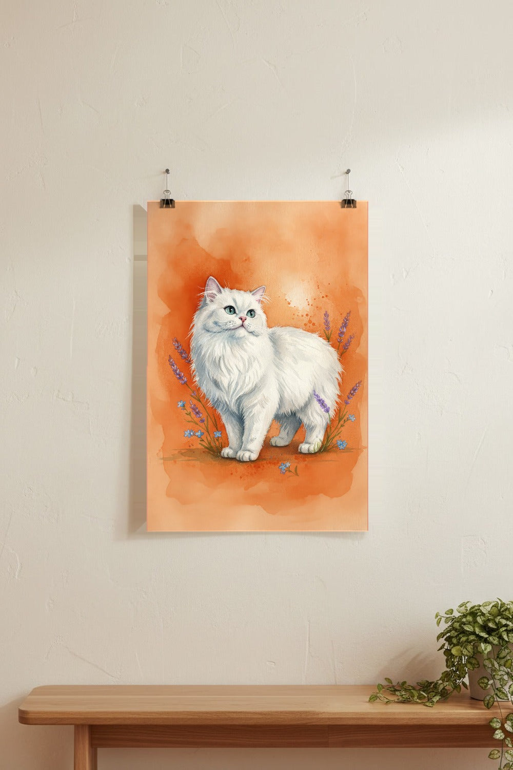 White - Persian Cat watercolour print hung with clips on a gallery wall