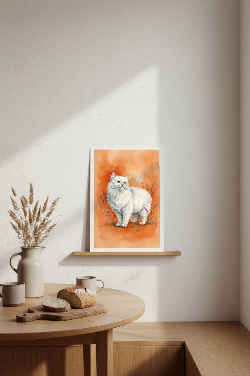 White - Persian Cat watercolour print leaning in a kitchen nook