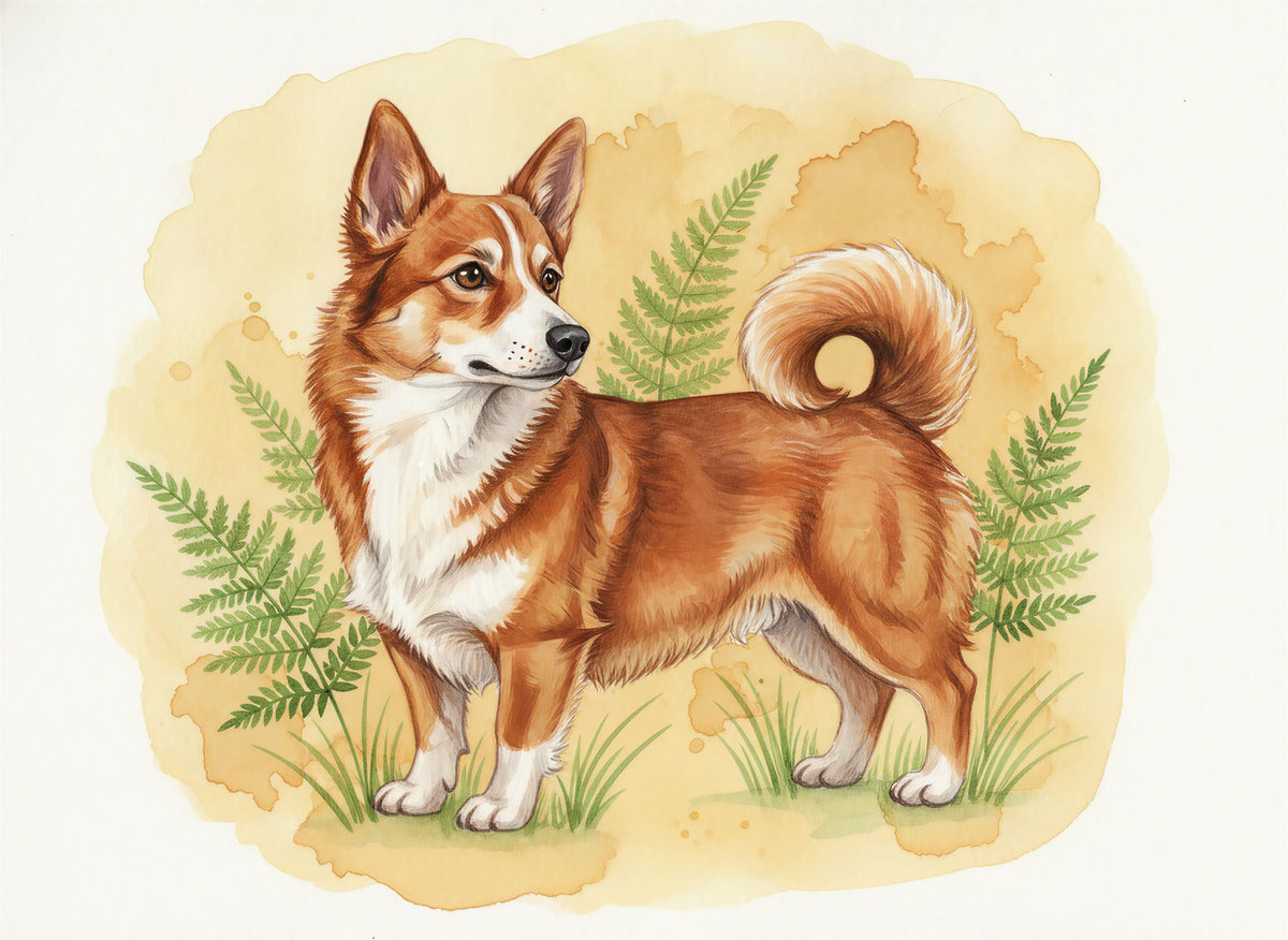 Watercolour portrait of a redrustandwhite-coated Swedish Vallhund