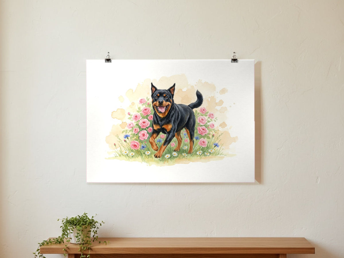 Black and Rust - Rottweiler watercolour print hung with clips on a gallery wall