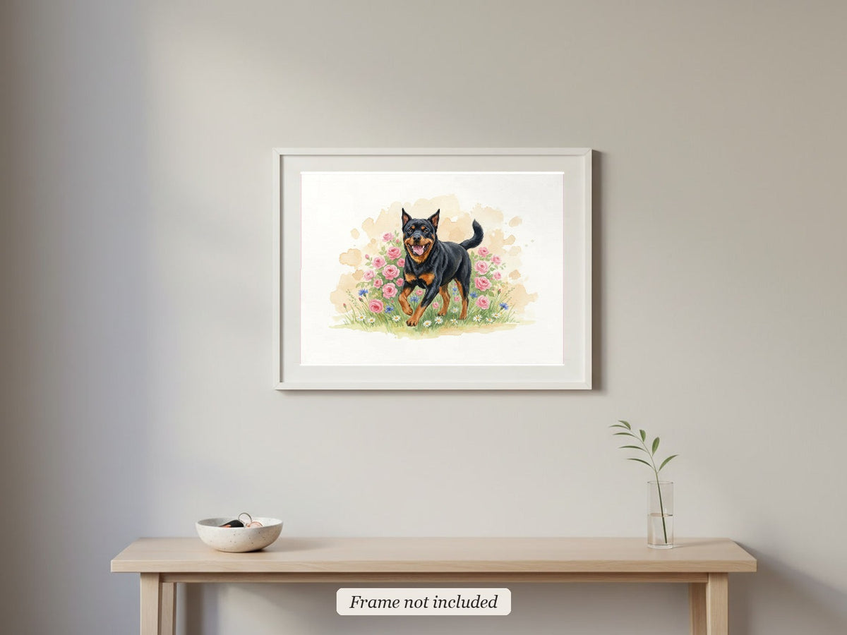 Black and Rust - Rottweiler watercolour print in a slim white frame (frame not included) in an entrance hall