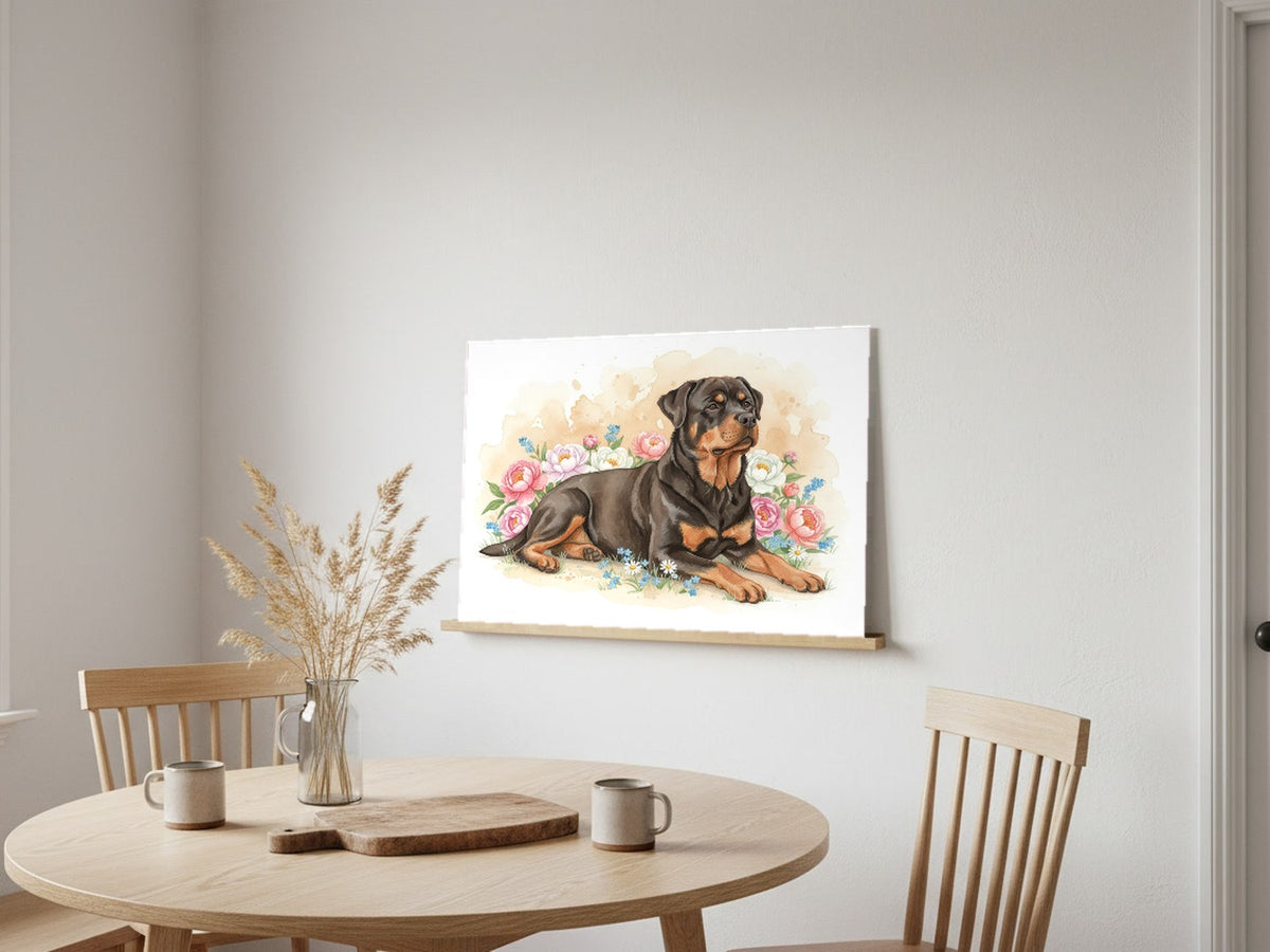 Black and Mahogany - Rottweiler watercolour print leaning in a kitchen nook