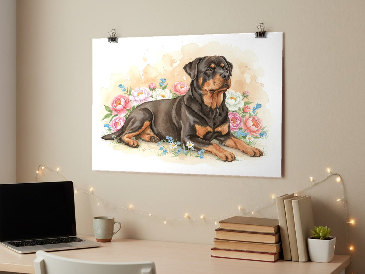 Black and Mahogany - Rottweiler watercolour print hung with clips above a student desk