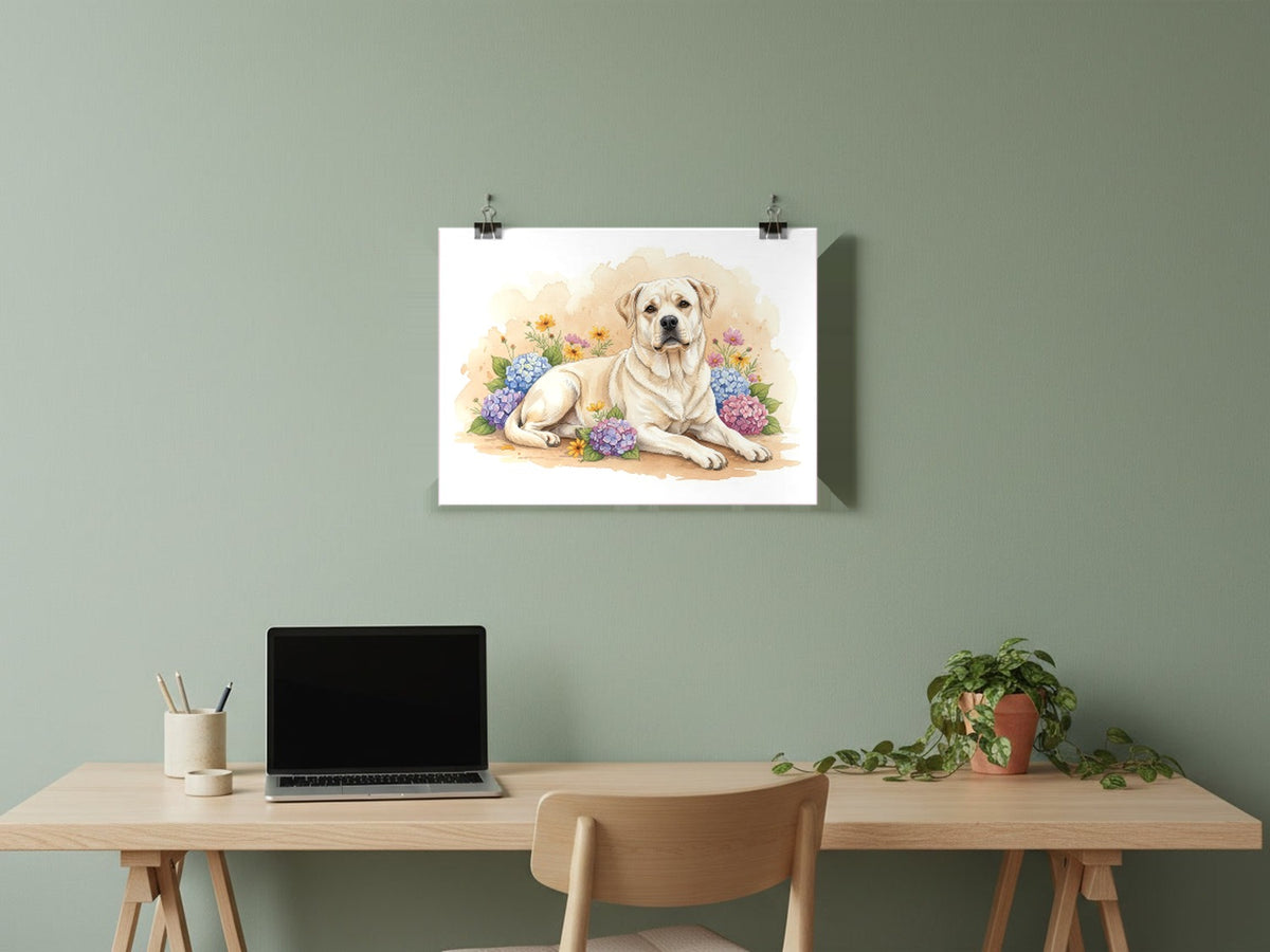 Cream - Rottweiler watercolour print hung with clips in a home office