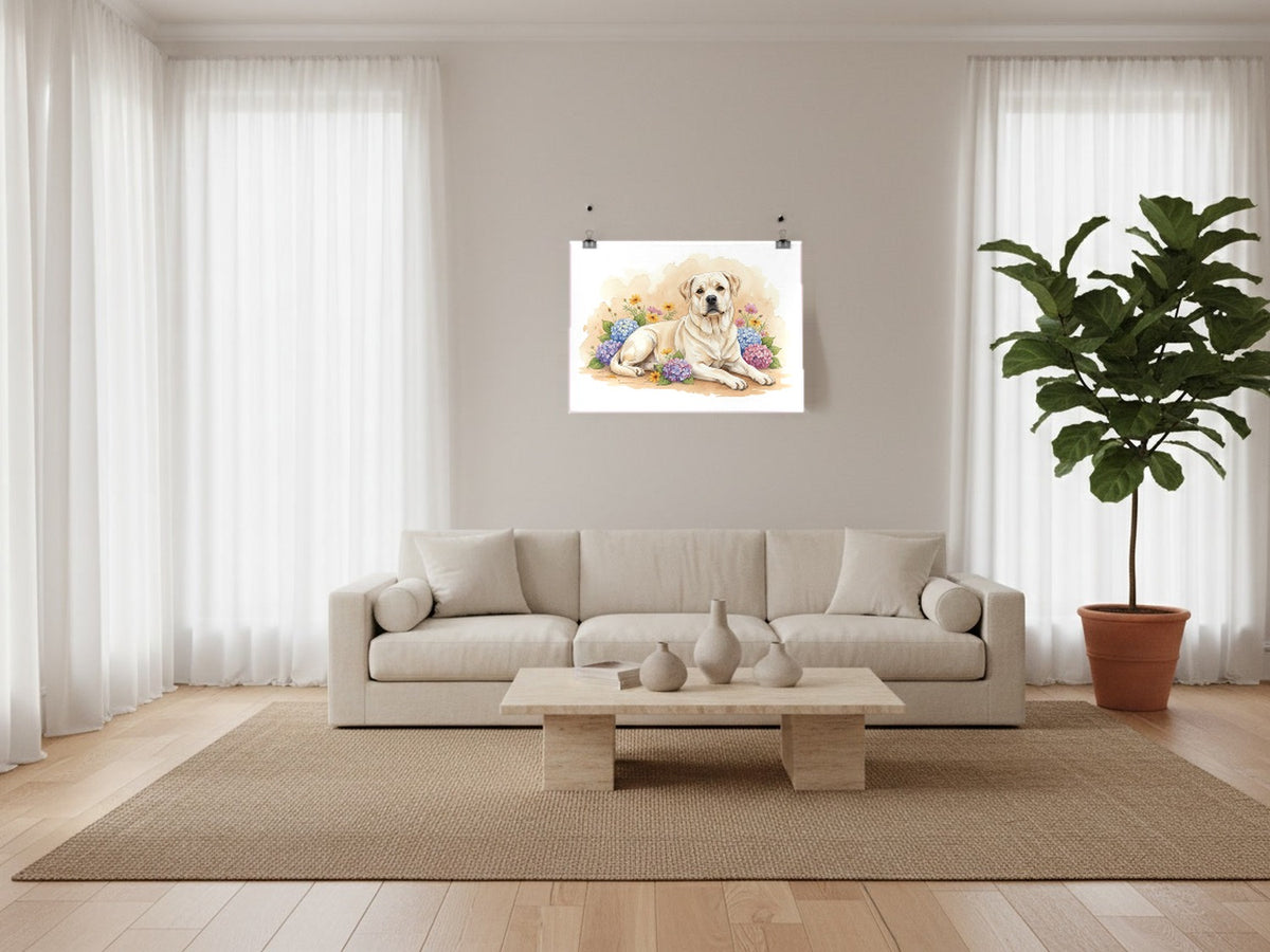 Cream - Rottweiler watercolour print hung with clips in a designer loft