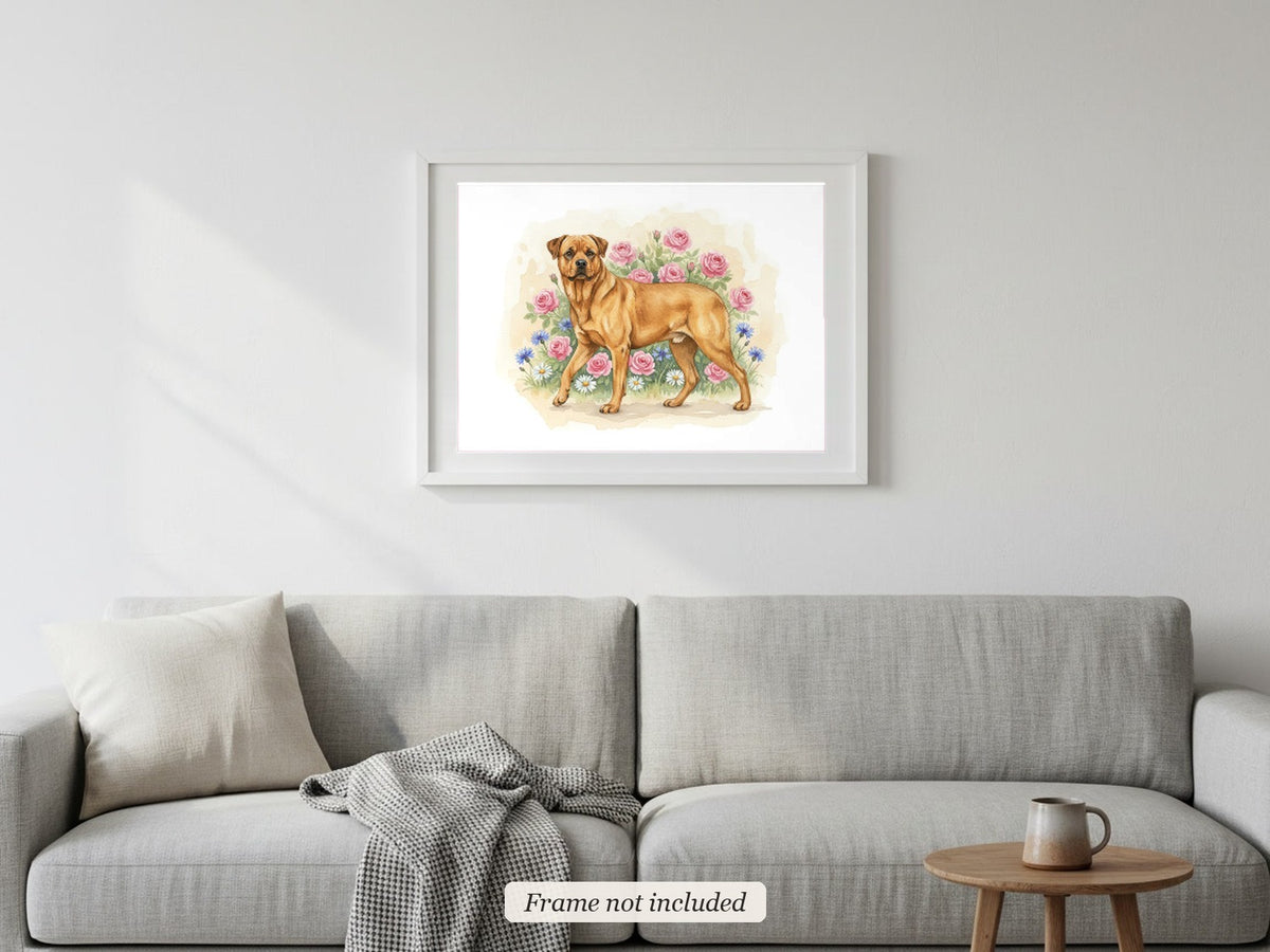 Red - Rottweiler watercolour print in a slim white frame (frame not included) above a sofa
