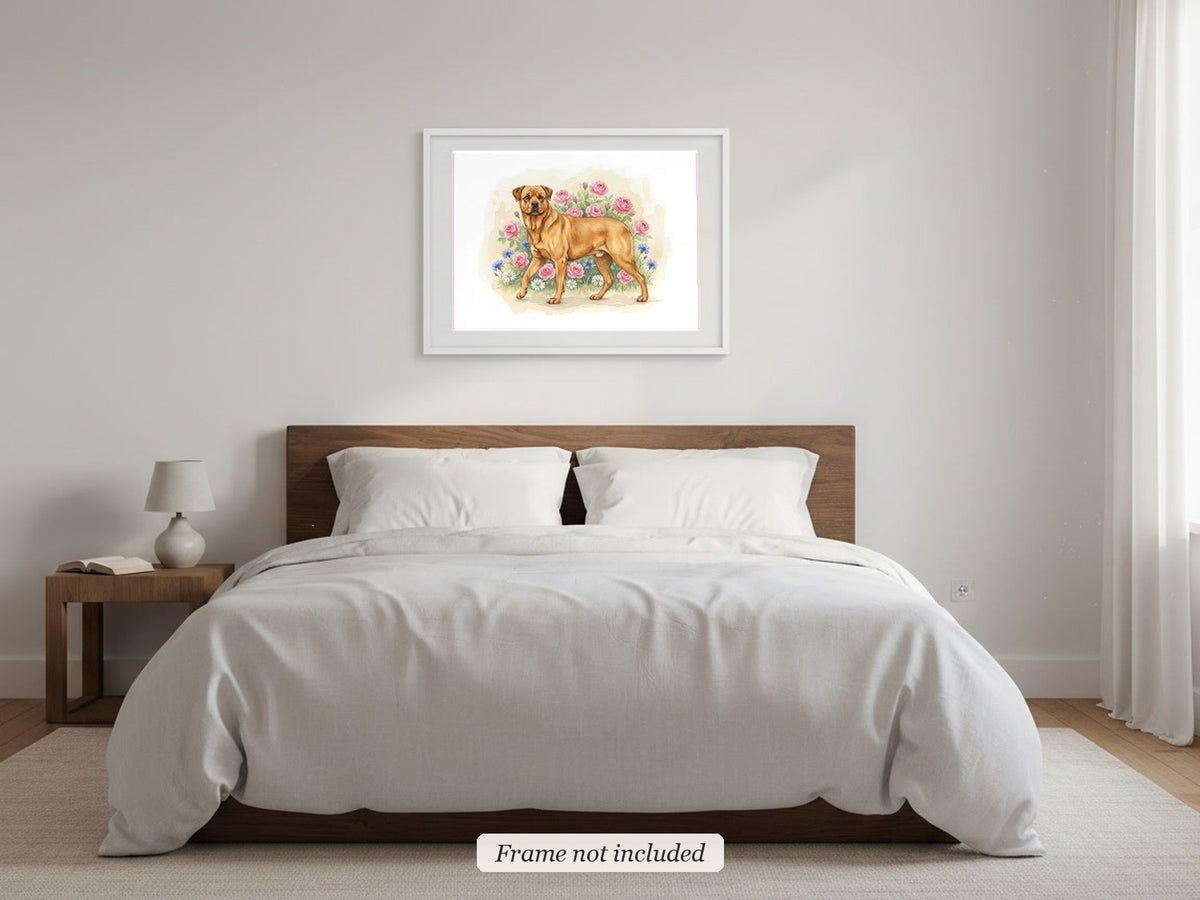 Red - Rottweiler watercolour print in a slim white frame (frame not included) in a bedroom