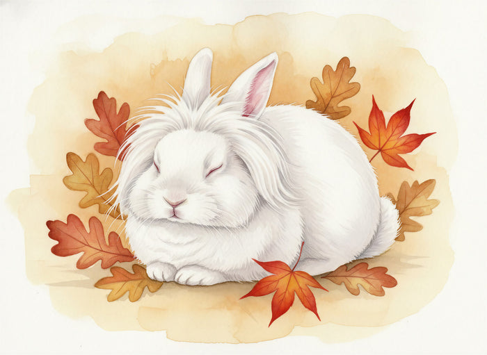 Watercolour portrait of a rubyeyedwhite-coated Lionhead Rabbit