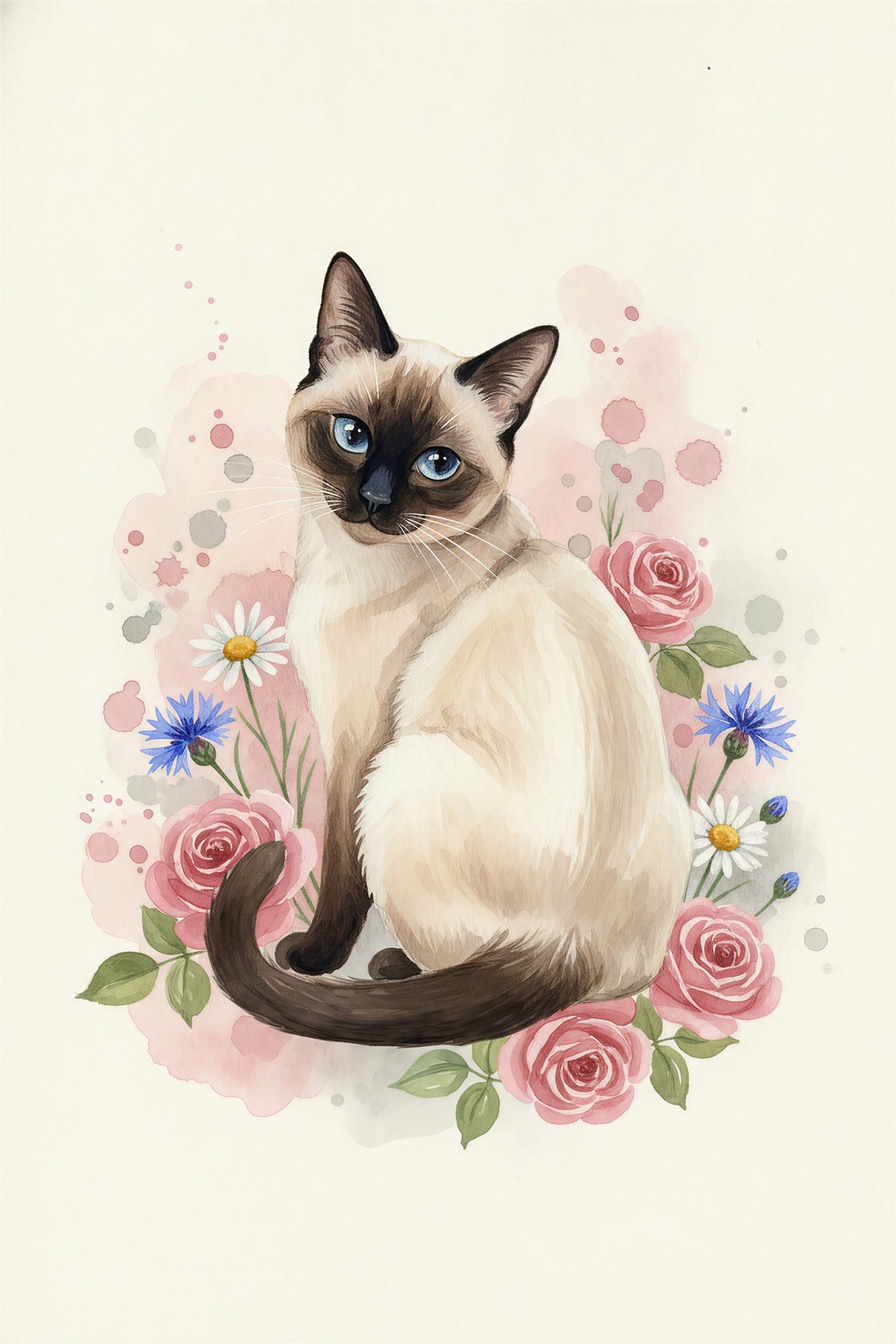 Watercolour portrait of a sealpoint-coated Siamese Cat