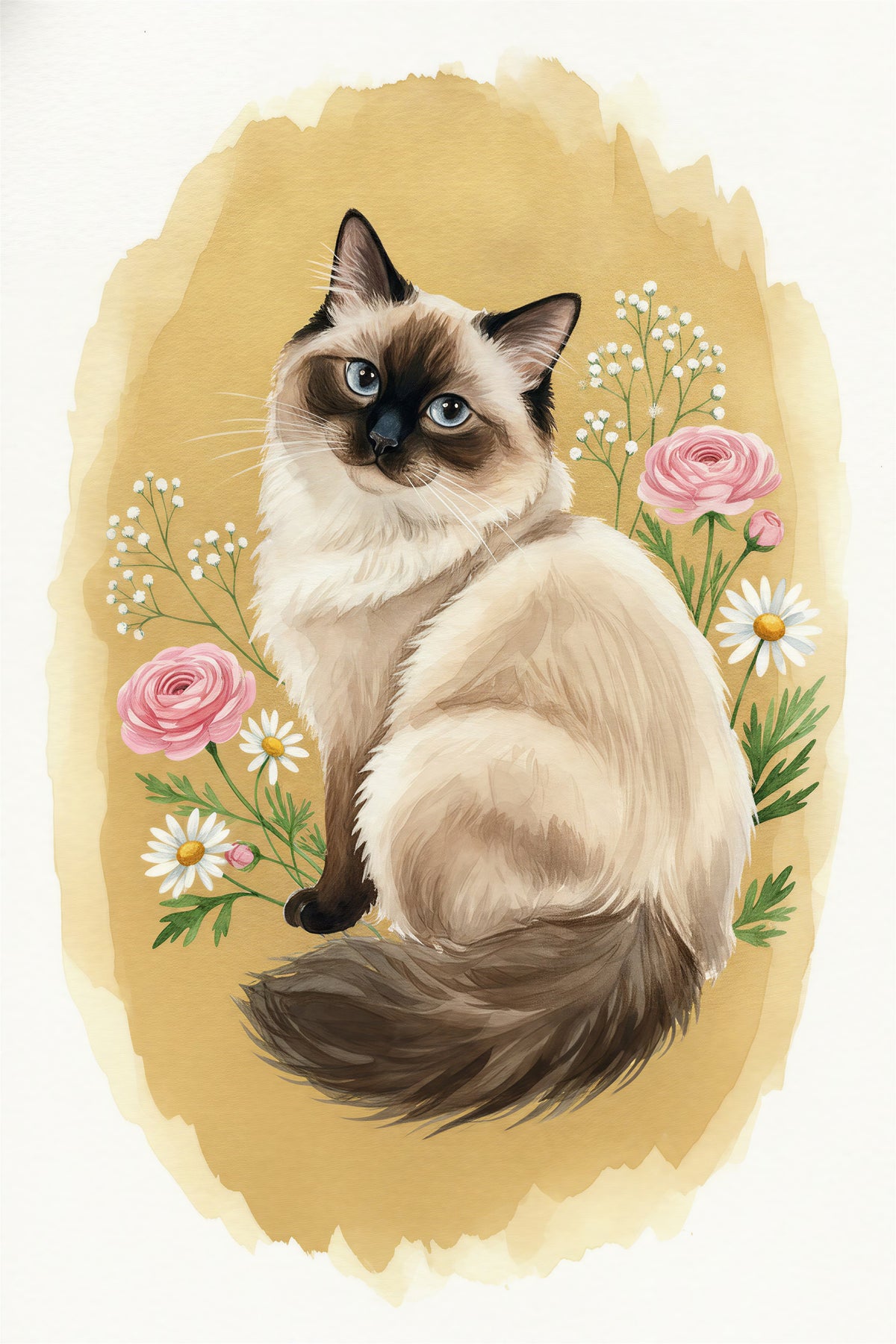 Watercolour portrait of a sealpoint-coated Ragdoll Cat