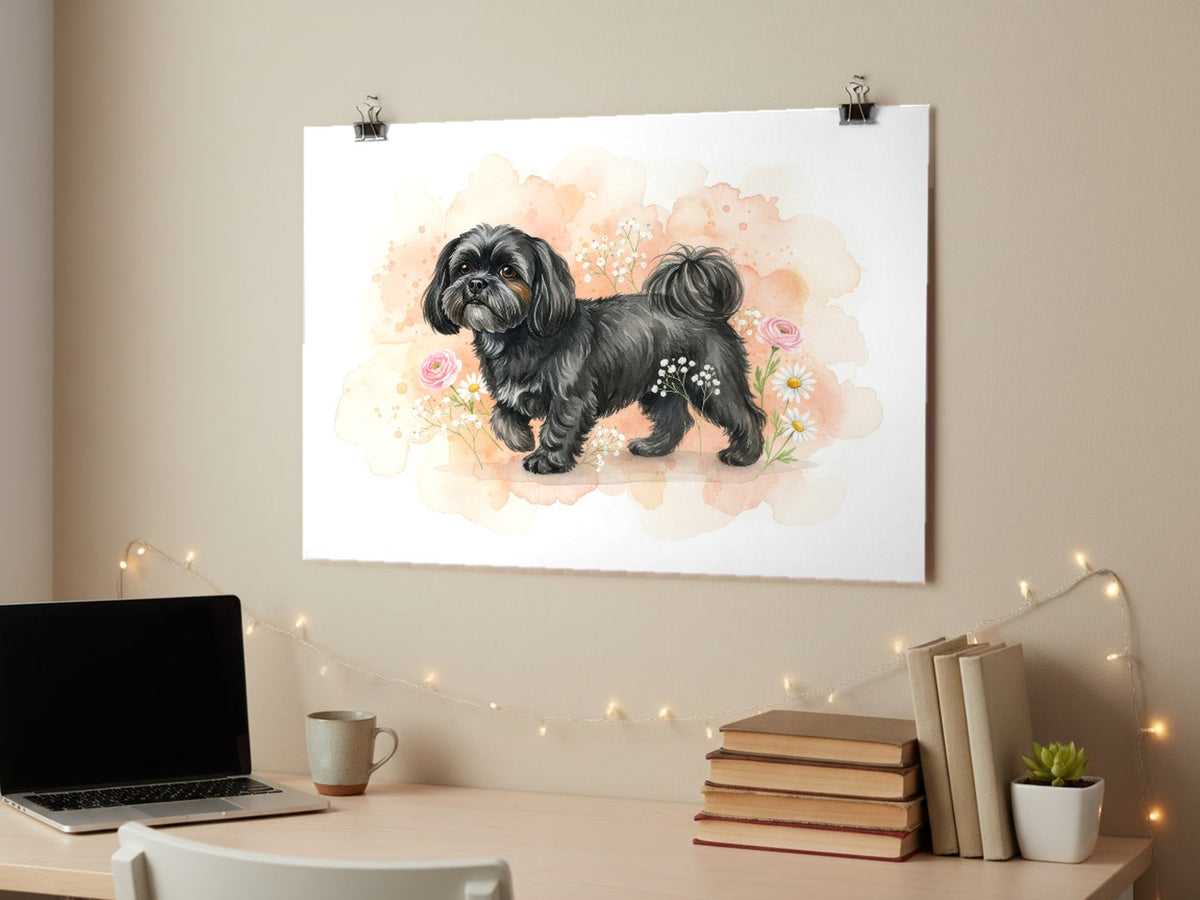 Black - Shih Tzu watercolour print hung with clips above a student desk