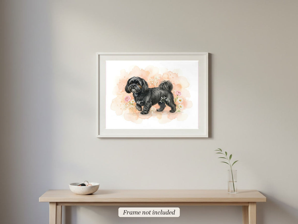 Black - Shih Tzu watercolour print in a slim white frame (frame not included) in an entrance hall