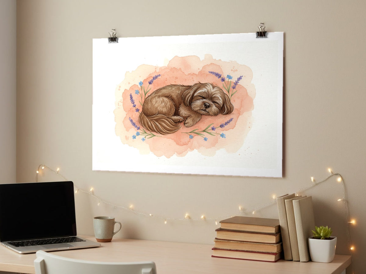 Liver - Shih Tzu watercolour print hung with clips above a student desk
