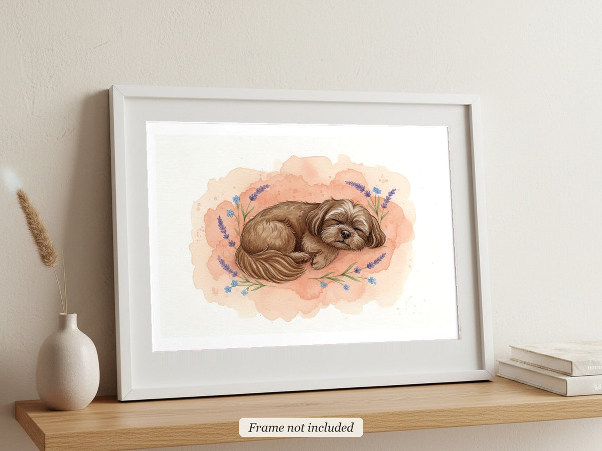Liver - Shih Tzu watercolour print in a slim white frame (frame not included), leaning on a picture ledge