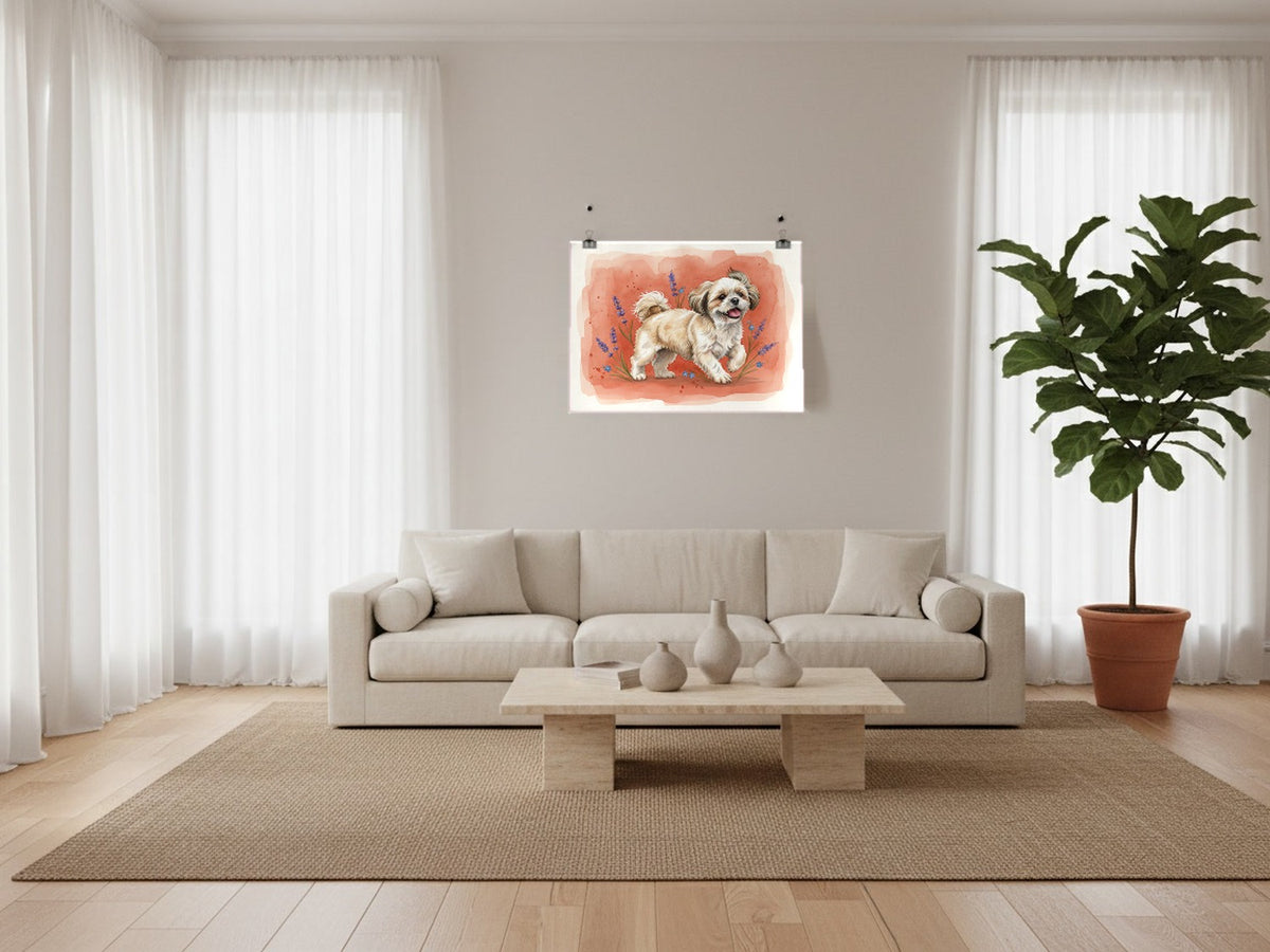 Gold and White - Shih Tzu watercolour print hung with clips in a designer loft