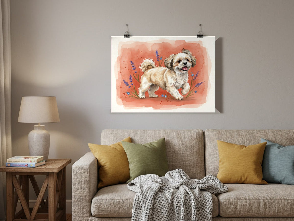 Gold and White - Shih Tzu watercolour print hung with clips in a family living room