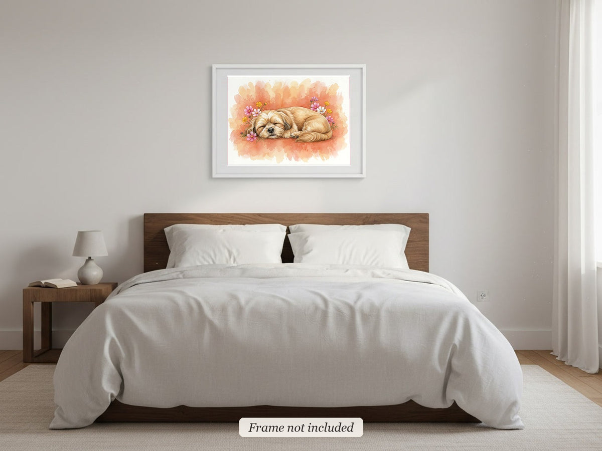 Gold - Shih Tzu watercolour print in a slim white frame (frame not included) in a bedroom