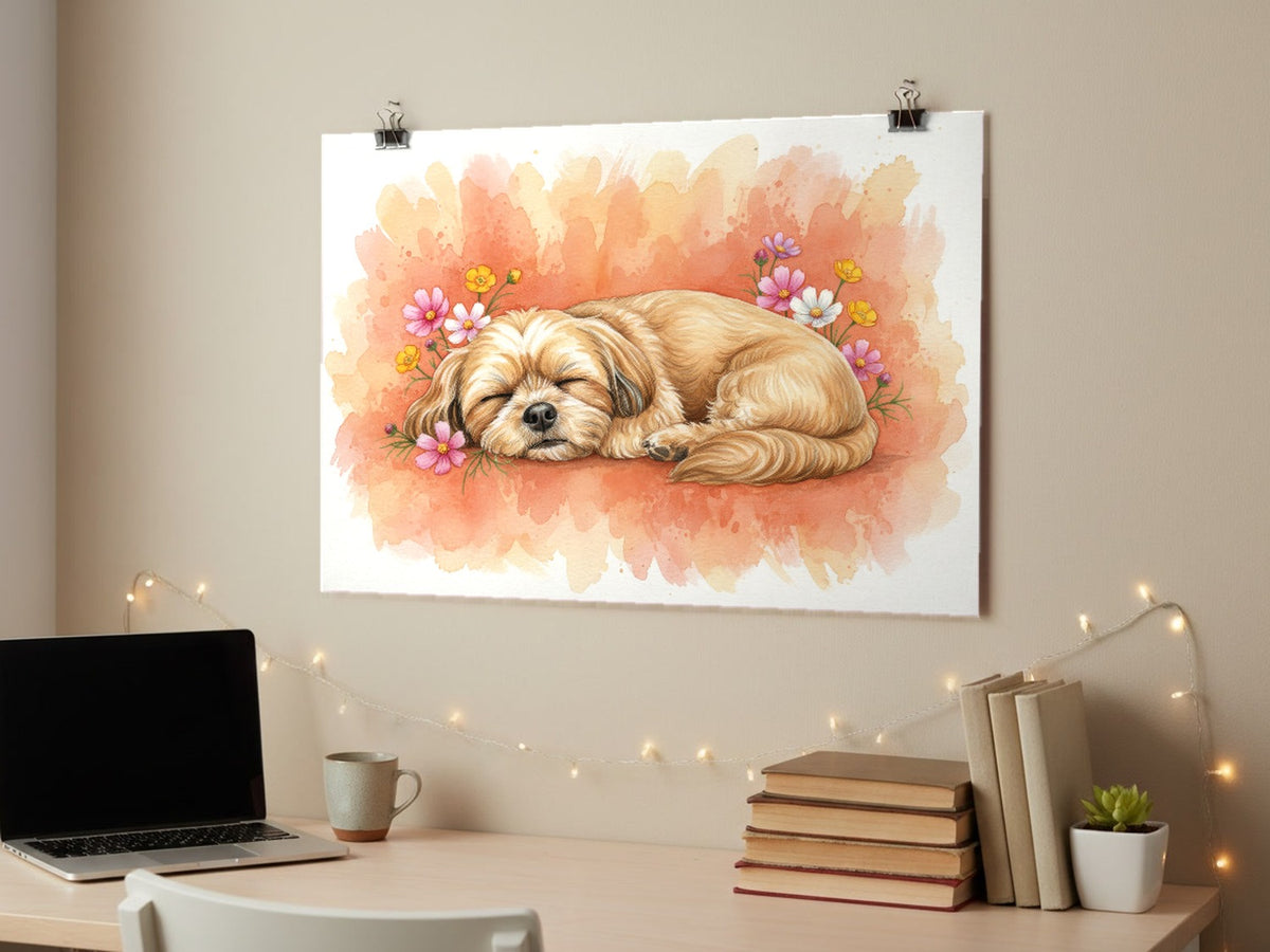 Gold - Shih Tzu watercolour print hung with clips above a student desk