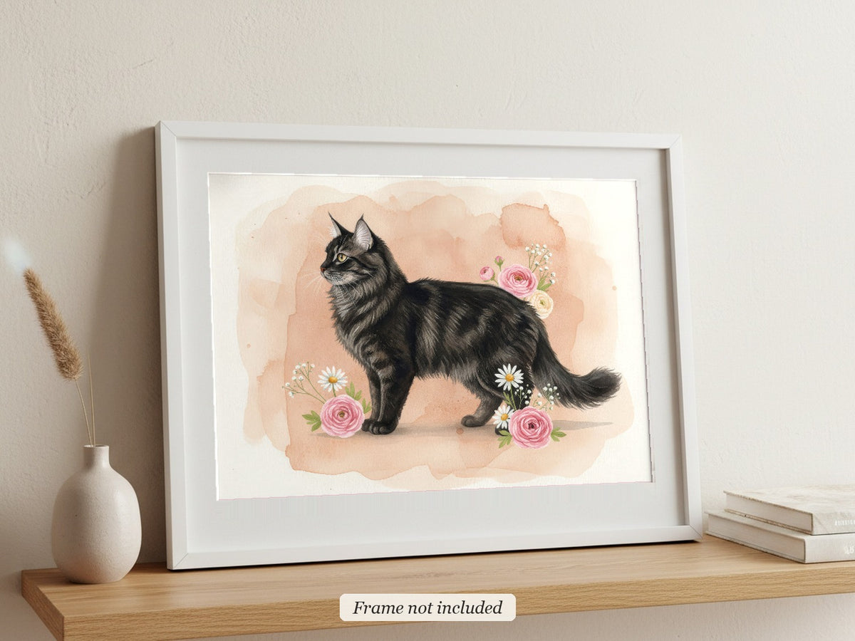 Black - Siberian Cat watercolour print in a slim white frame (frame not included), leaning on a picture ledge