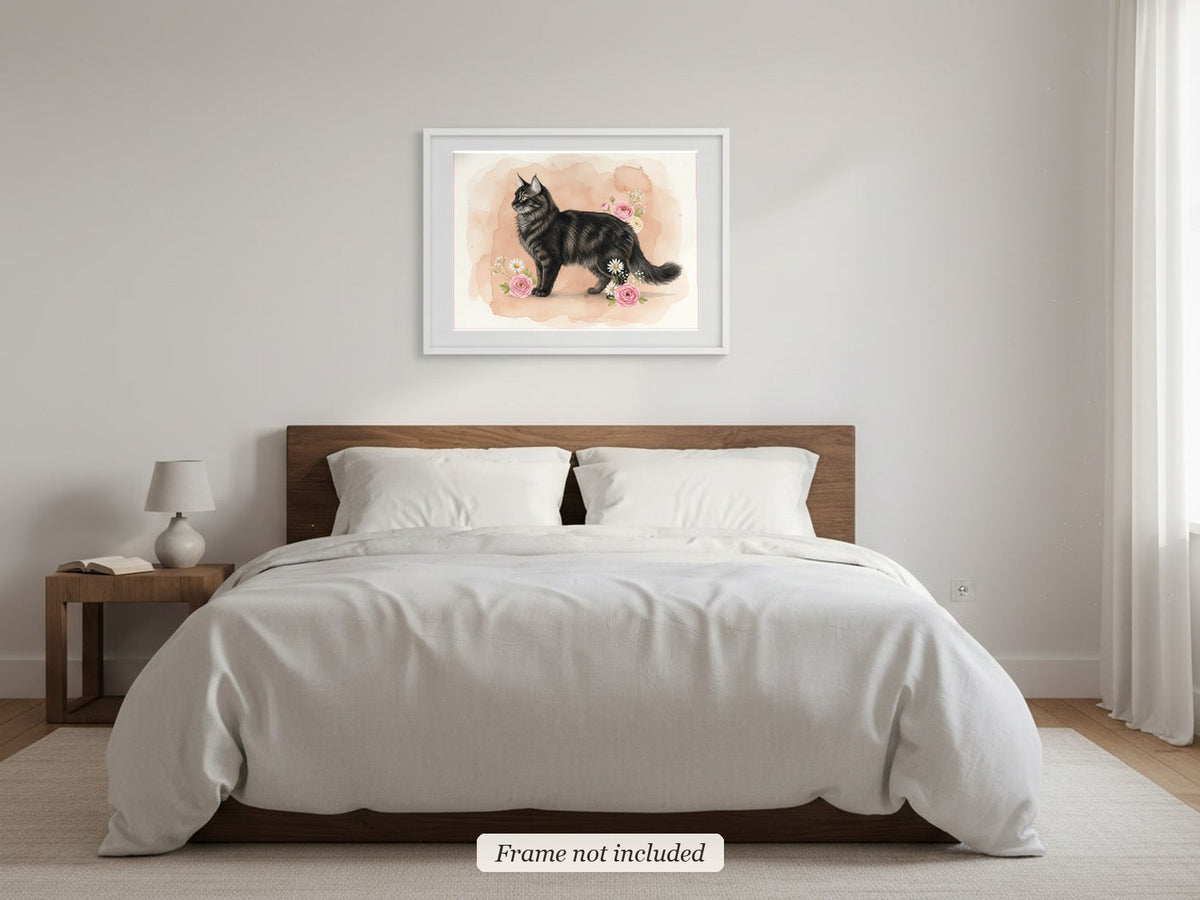 Black - Siberian Cat watercolour print in a slim white frame (frame not included) in a bedroom