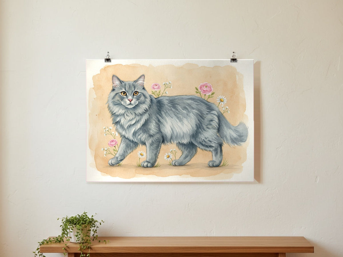 Blue - Siberian Cat watercolour print hung with clips on a gallery wall