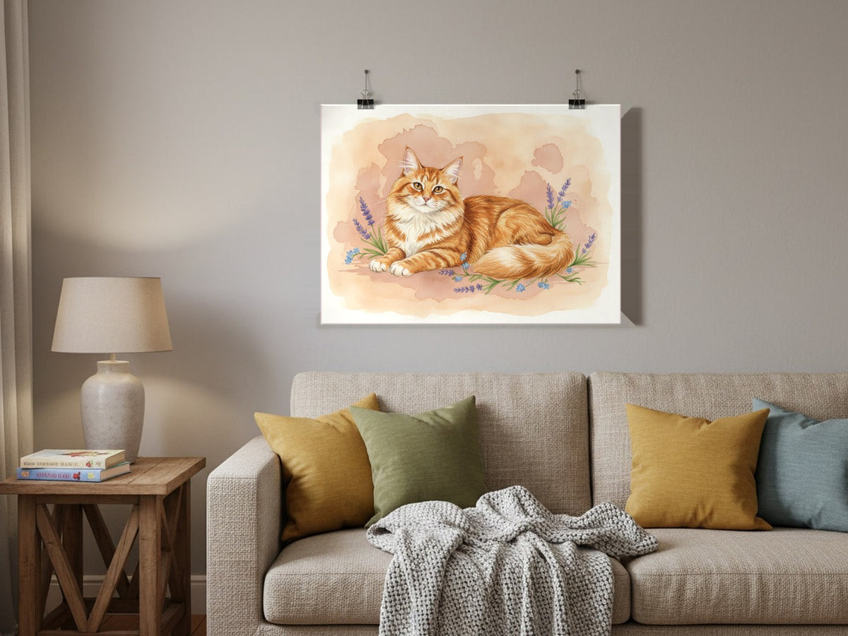 Red Tabby - Siberian Cat watercolour print hung with clips in a family living room