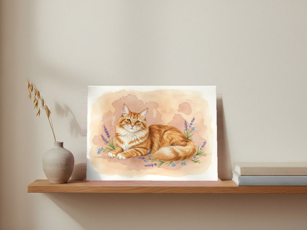 Red Tabby - Siberian Cat watercolour print leaning on a picture ledge