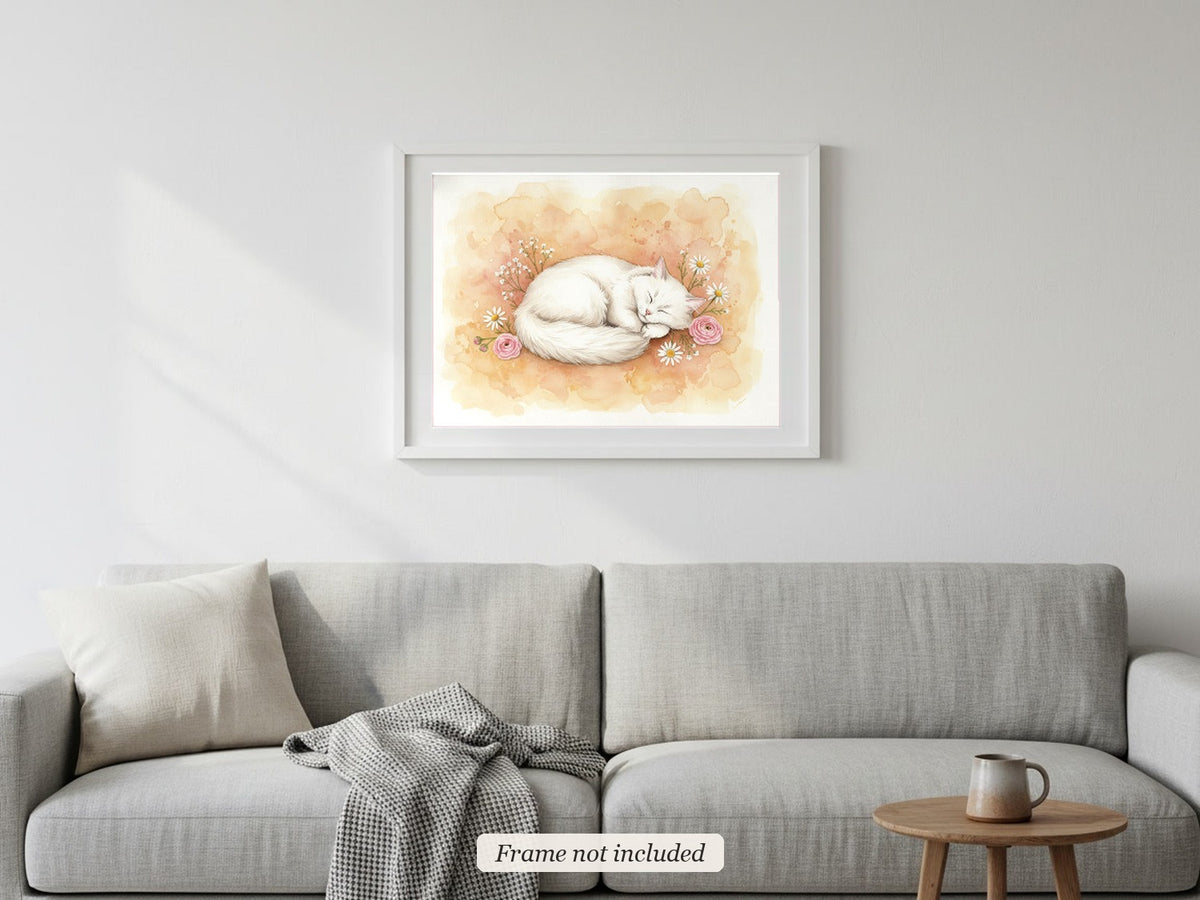 White - Siberian Cat watercolour print in a slim white frame (frame not included) above a sofa
