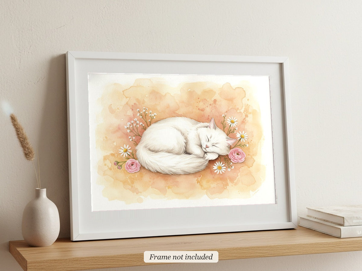 White - Siberian Cat watercolour print in a slim white frame (frame not included), leaning on a picture ledge