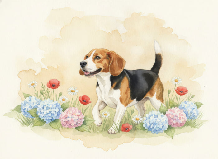 Watercolour portrait of a tricolour-coated Beagle