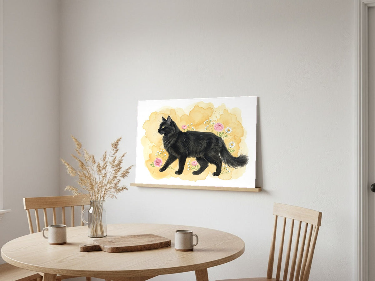 Black - Turkish Angora Cat watercolour print leaning in a kitchen nook