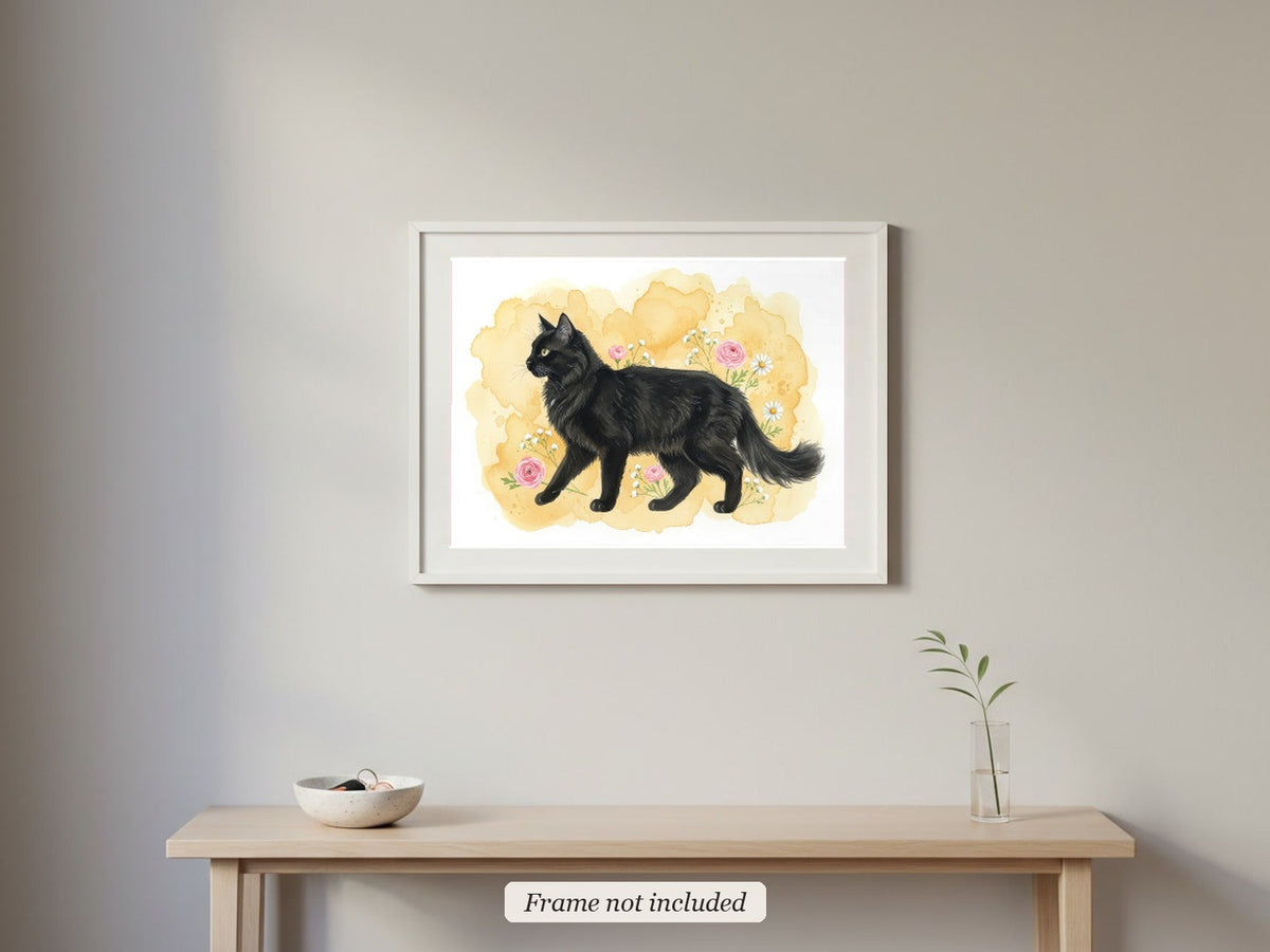 Black - Turkish Angora Cat watercolour print in a slim white frame (frame not included) in an entrance hall